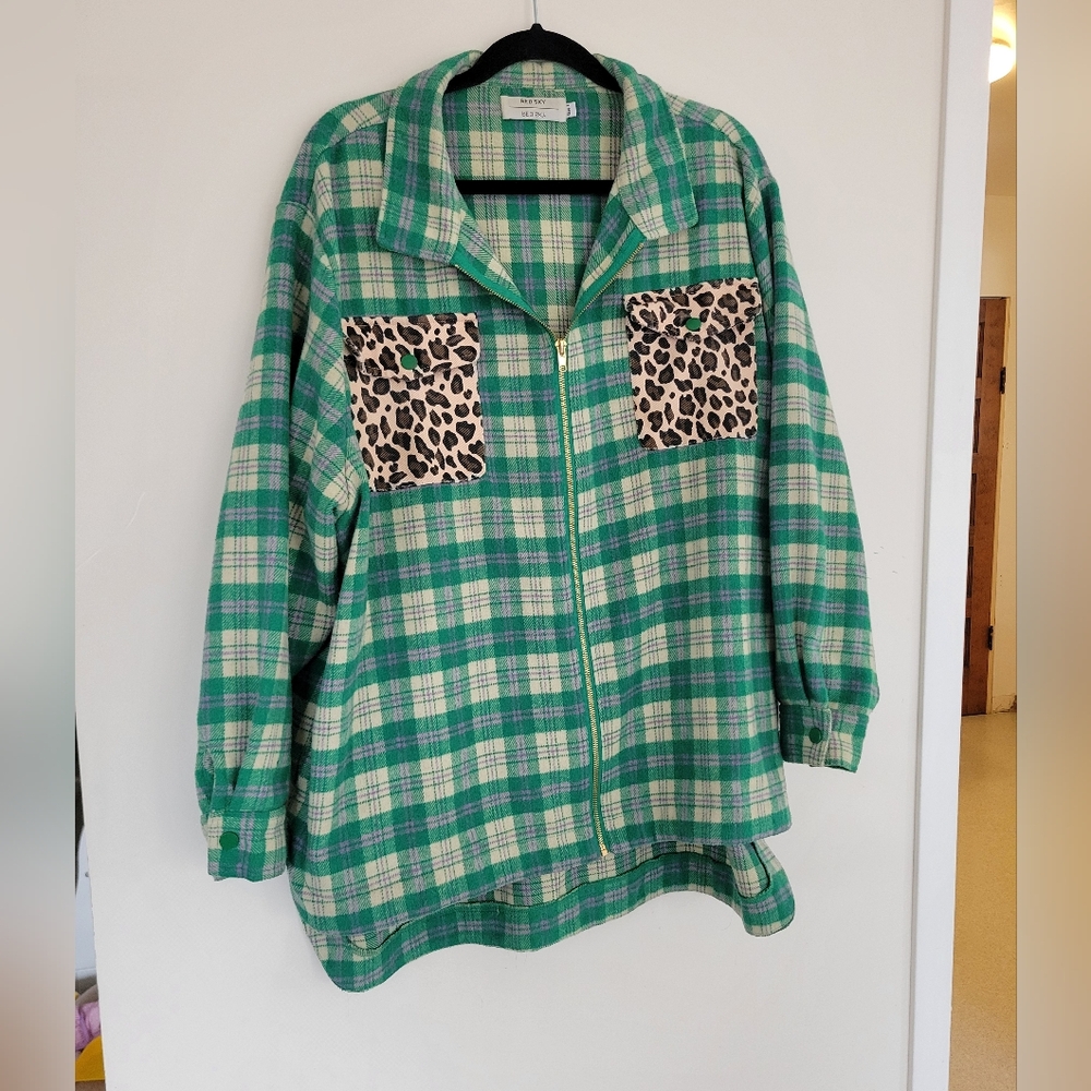 Red Sky Green Plaid Utility Jacket with Leopard Accents